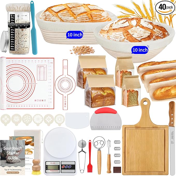 PeacePeo 10 Inch Round & Oval Sourdough Proofing Basket Set, Banneton Bread Proofing Basket with Starter Jar, Sourdough Starter Kit Includes Bread Knife & Bread Board Natural Rattan for Perfect Loaves