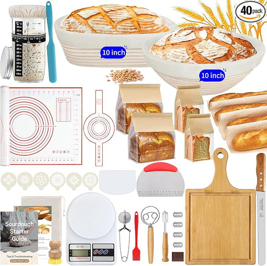 PeacePeo 10 Inch Round & Oval Sourdough Proofing Basket Set, Banneton Bread Proofing Basket with Starter Jar, Sourdough Starter Kit Includes Bread Knife & Bread Board Natural Rattan for Perfect Loaves