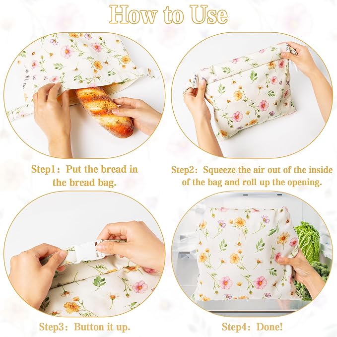 Reusable Beeswax Bread Bags - 2 Pack Bees Wax Food Bag, Homemade Sourdough Bread Storage, 2-in-1 Linen Cotton Large Freezer Container Home Baking Accessories with Lining (Watercolor Flowers)