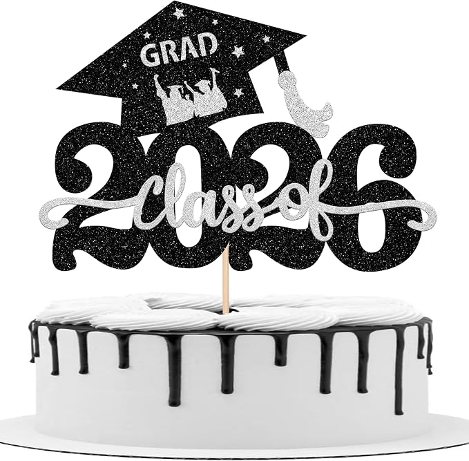 1 Pack Class of 2026 Cake Topper Glitter Congrats Grad Cap 2026 Graduation Cake Pick for 2026 Graduation Theme High School Graduate Party Cake Decorations Supplies Silver