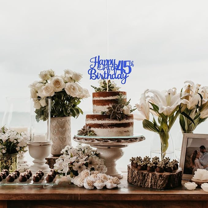 1 PCS Happy 45th Birthday Cake Topper Glitter Cheers to 45 Years Birthday Cake Pick Forty Five 45 Fabulous Cake Decoration for Happy 45th Birthday Theme Party Decorations Supplies Blue
