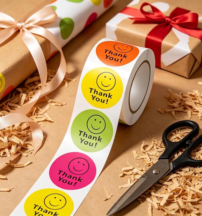 BLESS-VAST 500 PCS Thank You Stickers for Small Business - 1 Inch Colorful Smile Decal Envelope Seal 4 Designs Vibrant Colors Labels for Baking Packaging Water Bottle Wraps Crafts (Colorful Smile)