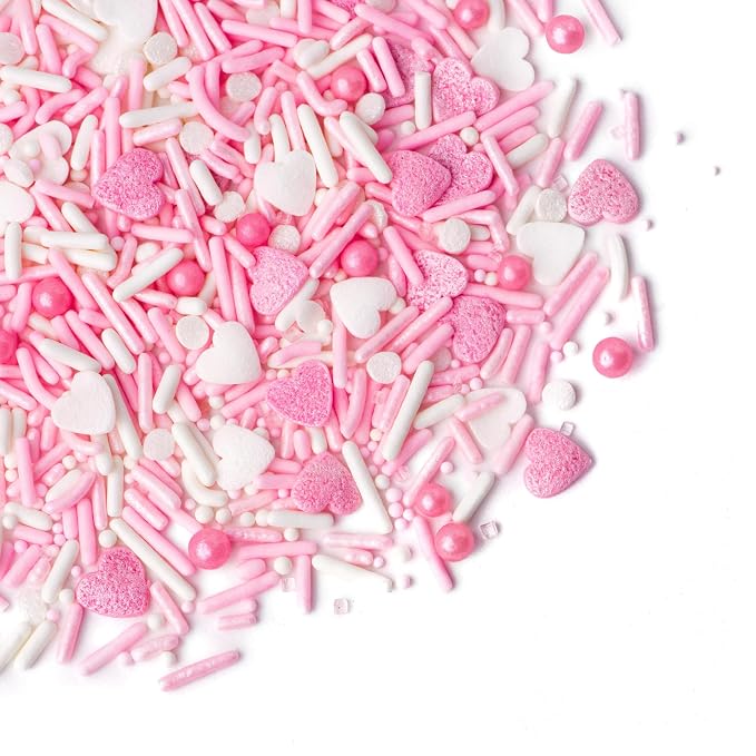 Sweets Indeed Valentines Day Heart Sprinkle Mix | Pink & White Jimmies, Sugar Pearls, Confetti Quins, Nonpareils & Heart Shapes | Baking & Decorating, 4 ounces