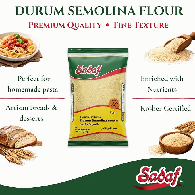 Sadaf Durum Semolina Fine - Enriched Durum Semolina for Cooking & Baking - Semolina Flour - Middle Eastern Cuisine - Kosher - 24 Oz Resealable Bag