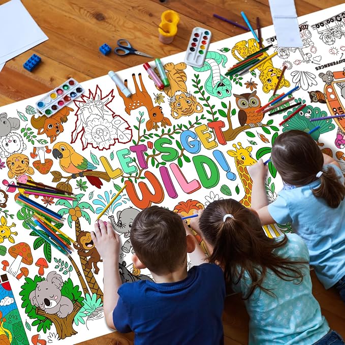 Safari Jungle Party Coloring Poster, 31.5x72" - Ideal as Safari Birthday Decorations, Kids' Coloring Table Cloth, Jungle Tablecloth for School Party & Special Events