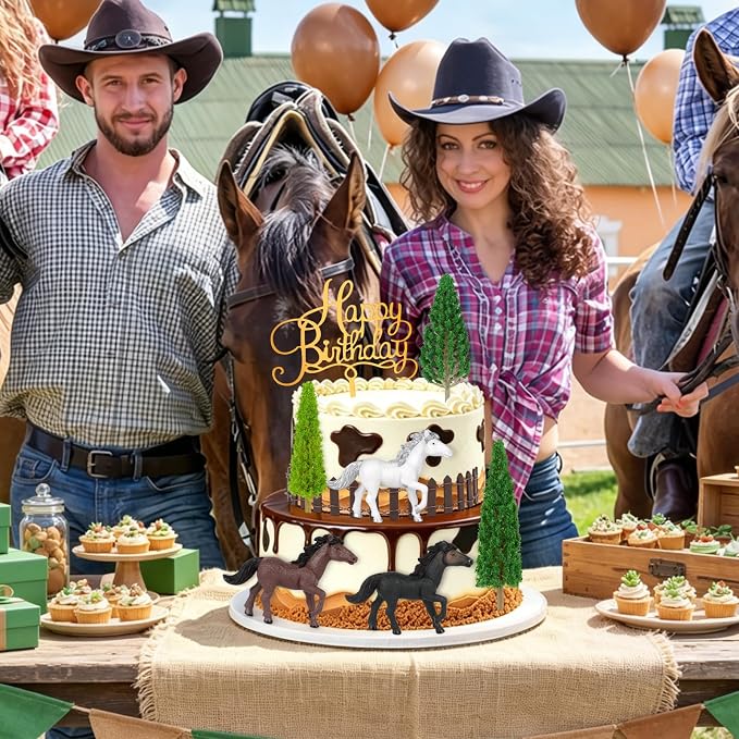 Hooqict 9Pcs Horse Cake Decorations Set with Happy Birthday Cowboy Cake Toppers for Western Cowboy Themed Horse Birthday Party Decorations Supplies