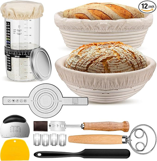 Sourdough Starter Kit with 2 Proofing Baskets, 36oz Sourdough Starter Jar, Bread Lame, Dough Scraper, Dough Whisk & Silicone Bread Sling