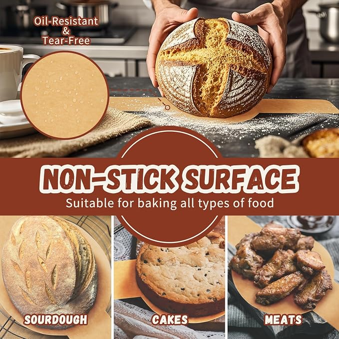 Parchment Paper for Sourdough Baking, GIGYES Bread Sling for Dutch Oven, 8" Round Parchment Paper with Long Handles for air fryer, Easy-Lift, Non-Stick, Odor-Free, 50 Sheets for Cake Baking