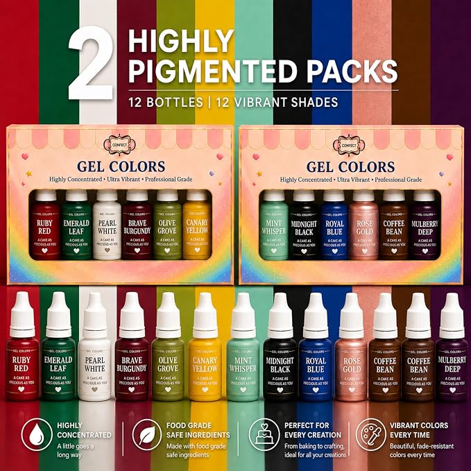 Confect Christmas – Holiday Classics Gel Food Coloring Set – 12 Highly Pigmented Colors for Buttercream, Cakes, Cookies, Macarons & Baking – 10mL Bottles