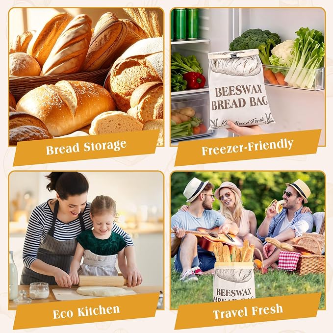 Natural Beeswax Bread Bags for Sourdough and Homemade Bread, Reusable Bread Storage Bags, XL Large Capacity, Freshness Keeping and Freezer Safe, 2 Pack | All Natural Beeswax
