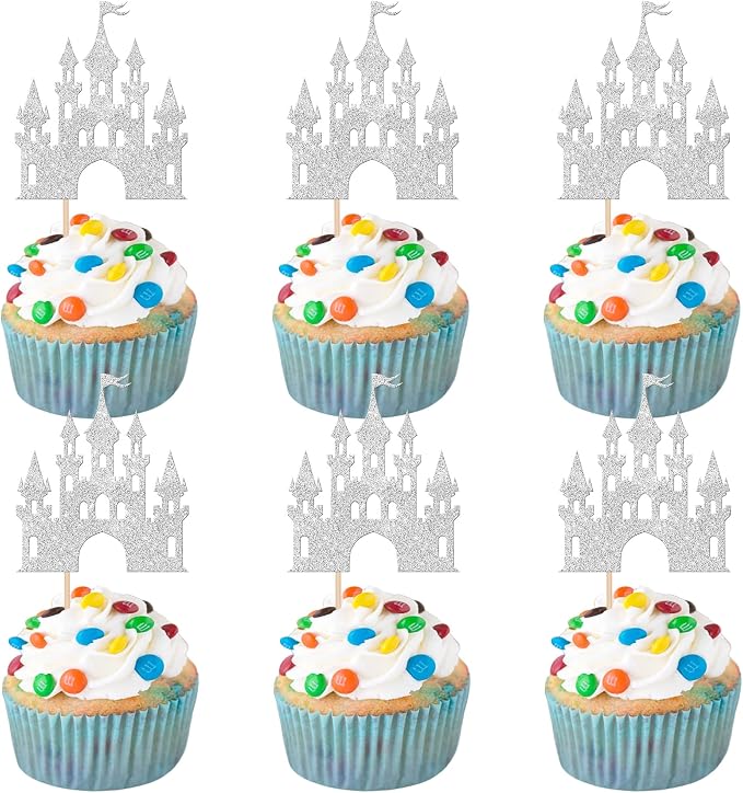 24 PCS Princess Castle Cupcake Toppers Glitter Princess Cupcake Toppers Queen Castle Theme Birthday Party Cake Decoration for Girls Princess Baby Shower Birthday Party Decorations Supplies Silver