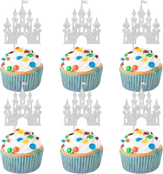 24 PCS Princess Castle Cupcake Toppers Glitter Princess Cupcake Toppers Queen Castle Theme Birthday Party Cake Decoration for Girls Princess Baby Shower Birthday Party Decorations Supplies Silver