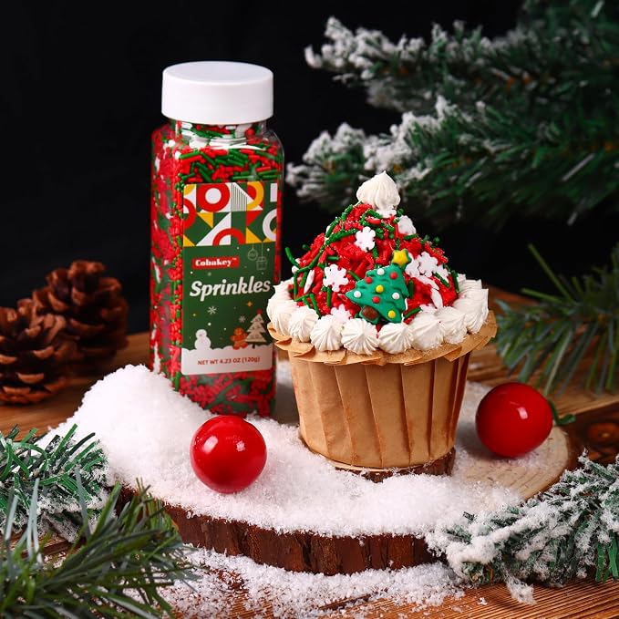 Christmas Sprinkles for Cake Decorating 4.2 Ounce Snowflakes Red and Green Jimmies Sprinkles Mix for Cupcake Topper, Ice Cream, Candy, Cookie, Food Decorative Christmas Dessert