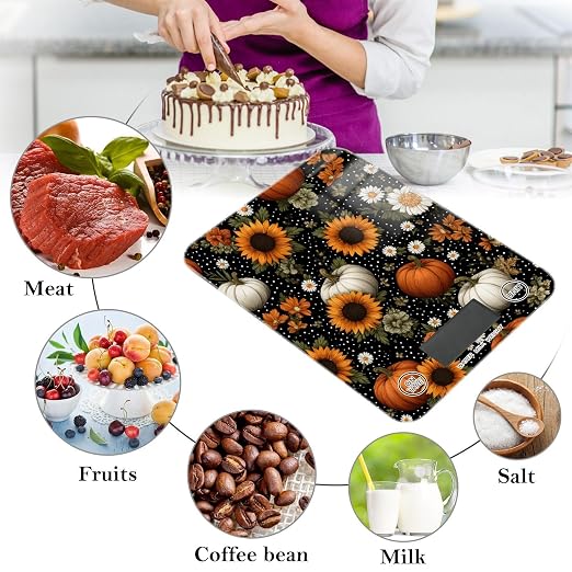 Food Scale Kitchen Scale for Baking Cooking Digital Food Weighing Measuring Scale Small Waterproof Electric Food Scale Black Dotty Pumpkins Sunflowers Daisy