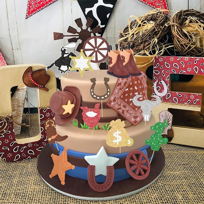 Hooqict 18Pcs Cowboy Cake Decorations Set with Mini Cowboy Hat and Boots, Western Cake Toppers & Rodeo Cupcake Toppers for Wild West Country Themed Birthday Party Decorations Favors