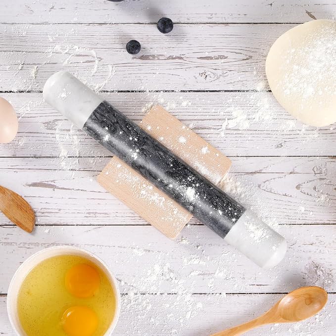 Tianman French Marble Rolling Pin.12 Inchs Marble Rolling Pin for Baking With Wooden Base Holder Stand-Non-Stick Baking Roller for Baking Fondant, Pizza,Cookies,Crust,Pasta(White-Black-White)