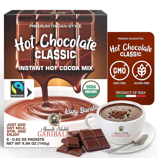 Cafe Garibaldi Premium Hot Chocolate Classic - Organic Instant Cocoa Mix with Cocoa Powder, Fair Trade Gluten-Free & GMO-Free 8 Servings x 0.62oz Packets, Ideal Italian Hot Chocolate Gift