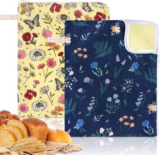 Hahafelt 2 Pack Beeswax Bread Bags with Zipper Seal for Sourdough and Homemade Bread XL Reusable Organic Linen Cotton Beeswax Loaves Food Storage Bag to Keep Fresh(Wildflower)