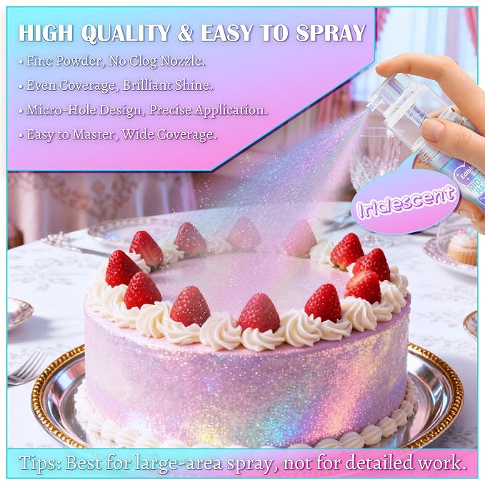 Iridescent Rainbow Edible Glitter Spray - 10g Food Grade Luster Dust Glitter Spray for Drinks, Shimmer Dust Powder for Cocktails, Easter Cakes, Candy, Cookie, Icing, Chocolate, Strawberry - Vegan