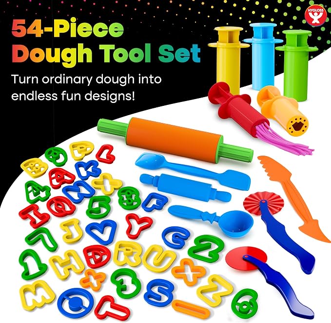 Hygloss 54 Pcs Dough Tools Set – Dough Cutters +Dough Extruders+Numbers & Alphabet Cutters Set – Educational Modeling Clay Tools – Preschool Toys & Toddler Activities – Arts & Crafts for Kids Ages 3-5