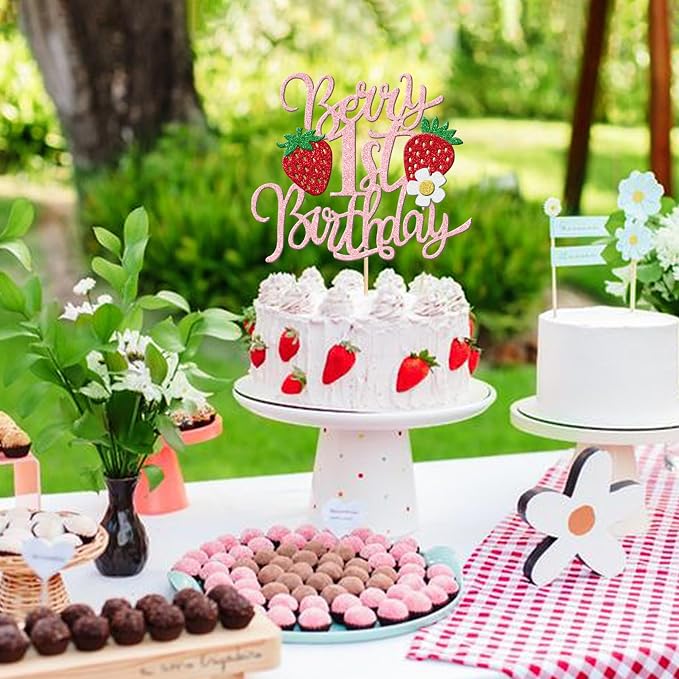 1 PCS Berry 1st Birthday Cake Topper Glitter Sweet Fruit Theme Flower First Birthday Strawberry One Cake Pick for Strawberry Theme Baby Shower 1st Birthday Party Cake Decorations Supplies Pink