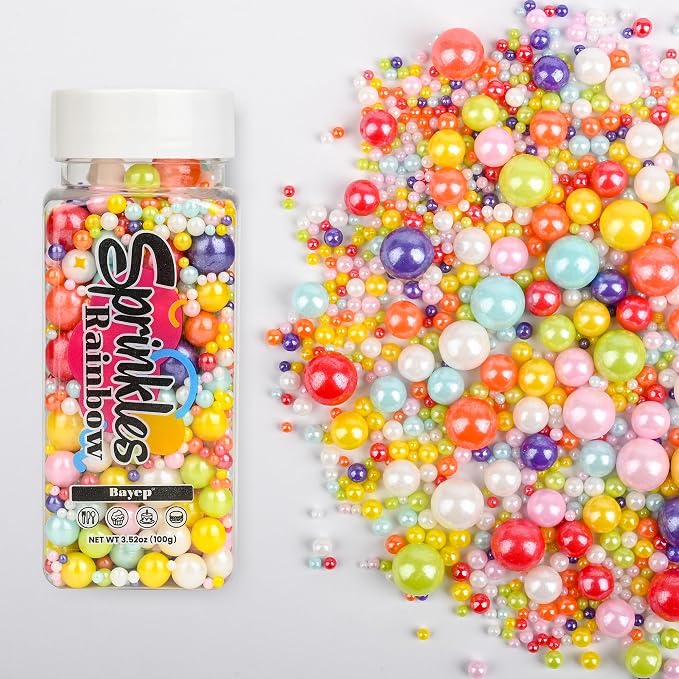Bayep Rainbow Sprinkles for Cake Decorating Edible Pearl Sprinkles for Ice Cream, Cookies, Baking, Cupcake Topper Colorful Sprinkles Perfect for Birthday Party Christmas Holiday Supplies 3.52 Ounce