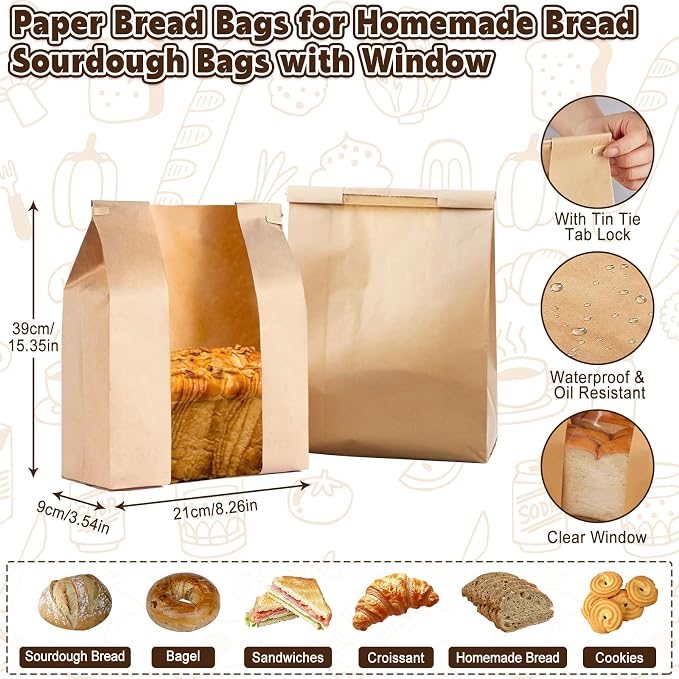 2 Pack Beeswax Bread Bags for Sourdough Homemade Bread, XL Linen Bread Bag | Zippered Reusable Cotton Bread Bags, 10 Pcs Large Paper Bags, Food Storage Bag, Lock in Freshness, Freezer Safe, Eco-Friendly