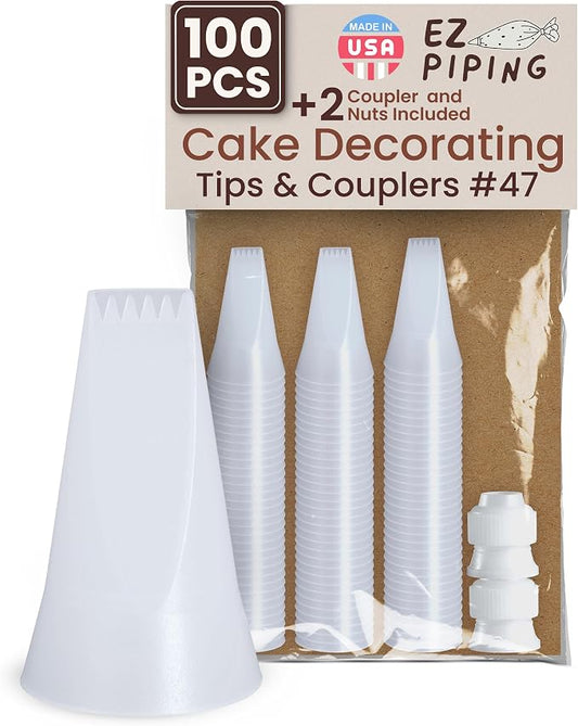 Reusable Plastic Piping Tips - Standard Size Basketweave Tip #47 Icing Nozzles Made from Food Grade Plastic Cake Decorating Kit, Baking Supplies, Base Ø 0.75" Height 1.25" Made in USA(100pcs)