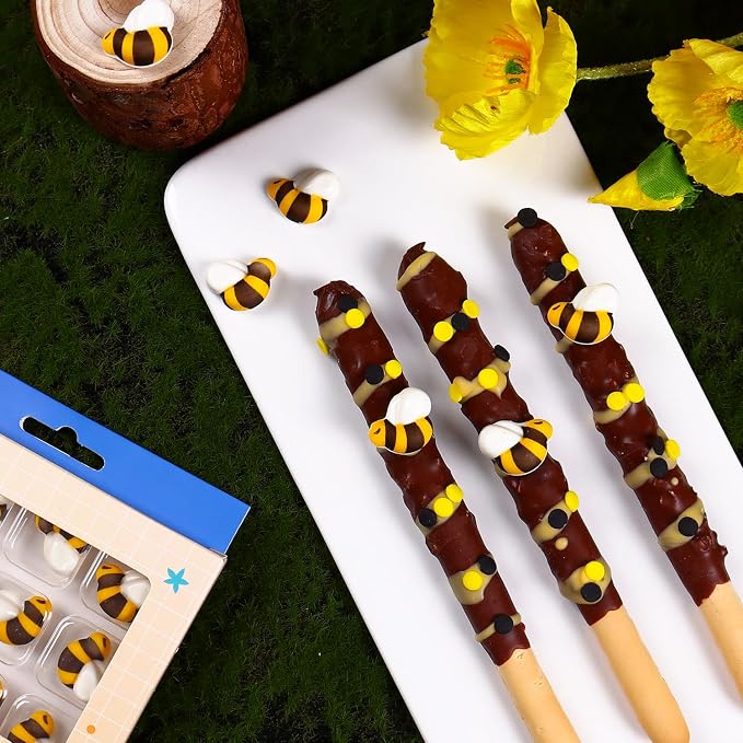 Edible Bee Cupcake Toppers, 48 pcs Bee Sprinkles, Royal Icing Bee for Cupcakes, Cakes, Macarons, Cakesicles, Perfect for Baby Shower, and Bee Themes
