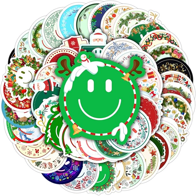 50PCS Smile Christmas Stickers | Cute Water Bottle Stickers for Kids, for Teaching Rewards, Notebooks, Stationery, Luggage, Cartoon PVC Happy Stickers