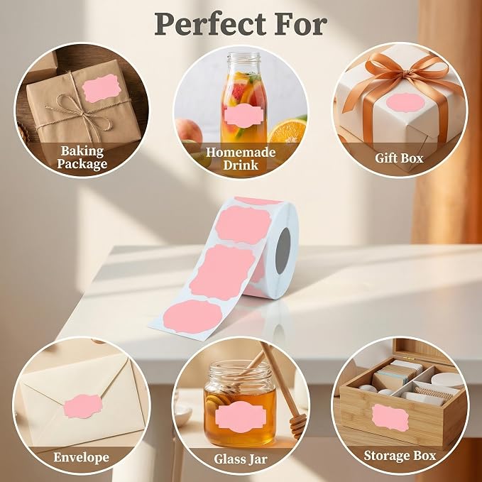 300 Pcs Pink Labels Stickers, 1.2x2 Inch, 3 Decorative Designs, Writable for Gift Wrapping, Pantry Storage, Jars & Wedding Decor