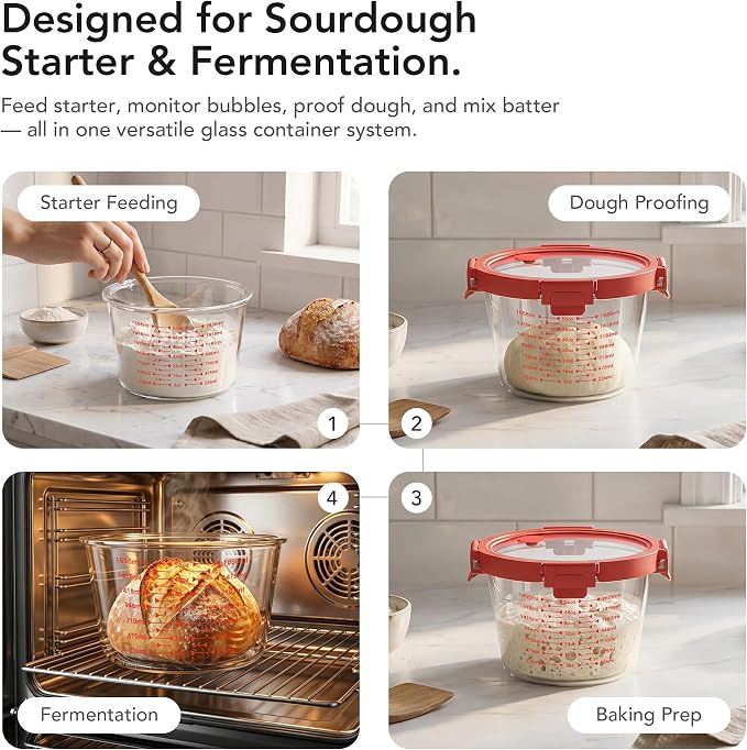 GENICOOK Sourdough Starter & Fermentation Jar Set, 2-Piece Borosilicate Glass Containers with Airtight Lids & Vent Plugs (24oz & 71oz), Wide Mouth Measuring Jars for Dough Mixing, Proofing & Baking