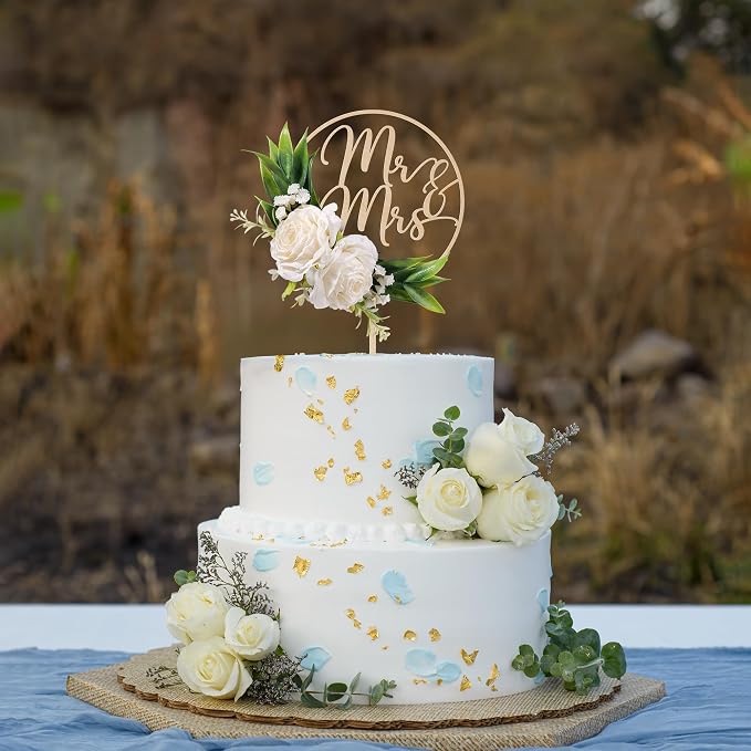 Mr & Mrs Wedding Cake Topper in Wood with Handcrafted 3D Artificial White Flowers and Green Leaves Design Cake Decoration for Wedding 3D White Roses