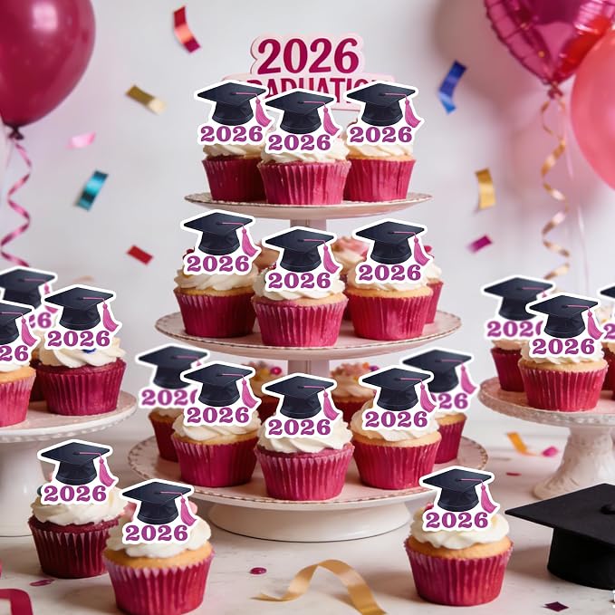 42pcs Edible Graduation Cap Cupcake Toppers Wafer Paper Pink Class of 2026 Cake Decorations Edible Grad Cap Cupcake Picks for 2026 Graduation Theme Party Cake Decor Supplies