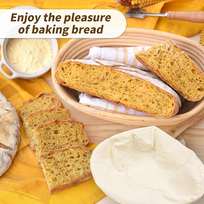 GEMLORD Oval Banneton Bread Proofing Basket Set of 8, 10 Inch Sourdough Proofing Bowl with Cloth Liner and Dough Scraper, Natural Rattan Sourdough Baking Basket for Home & Professional Bakers