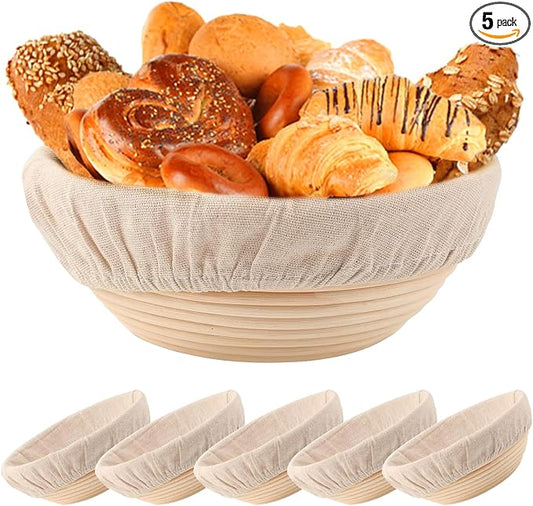 5 Pack Round Banneton Proofing Basket Set 9 Inch, Natural Rattan Sourdough Bread Bowls with Linen Liners, Dough Baking Supplies for Professional & Home Bakers(9" Round, Set of 5)