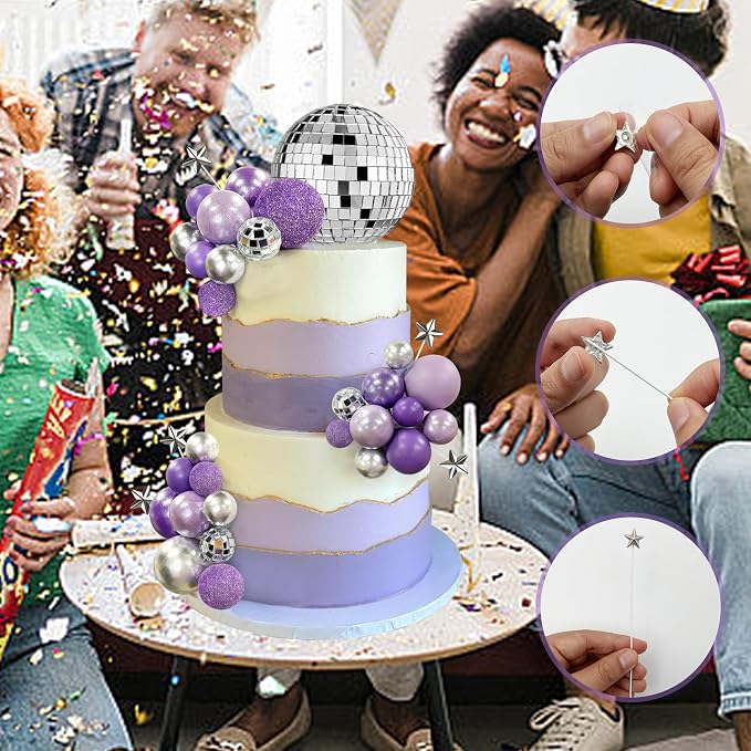 32PCS Disco Purple Ball Cake Topper Decoration for Wedding Birthday Baby Shower Party Cake Decoration Supplies