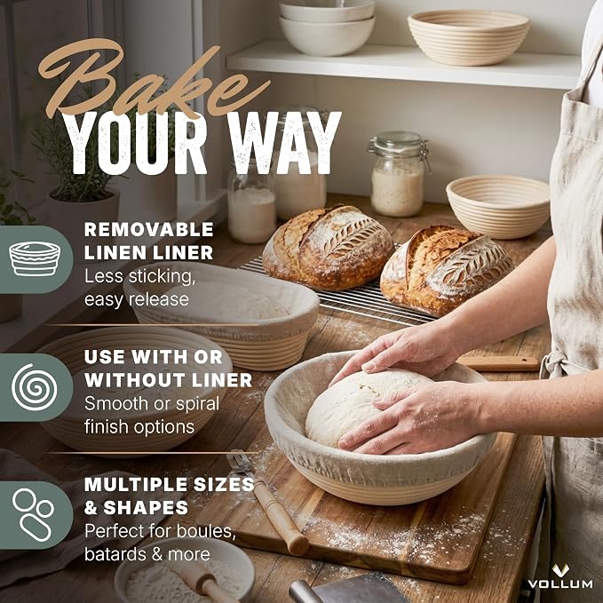 Vollum Banneton Bread Proofing Basket & Liner – Handmade Rustic Sourdough Bread Baking Supplies, Brotform Basket, Sour Dough Tools, Gifts for Bakers - Round - 7"D x 3.5"H
