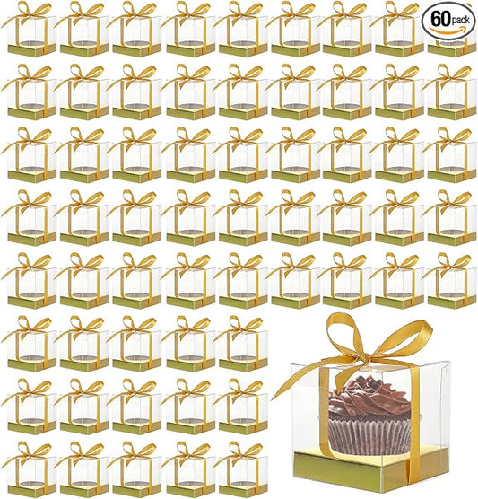 60 Pcs Clear Plastic Cupcake Boxes 3.5 inch Gold Single Cupcake Containers Individual Cupcake Boxes, Gold Carriers with Ribbons and Inserts for Wedding Birthday Party Favor Containers