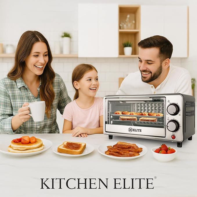 Kitchen Elite Toaster Oven, Compact Countertop Appliance with Bake Tray, Wire Rack, Adjustable Timer, and Temperature Control, Black