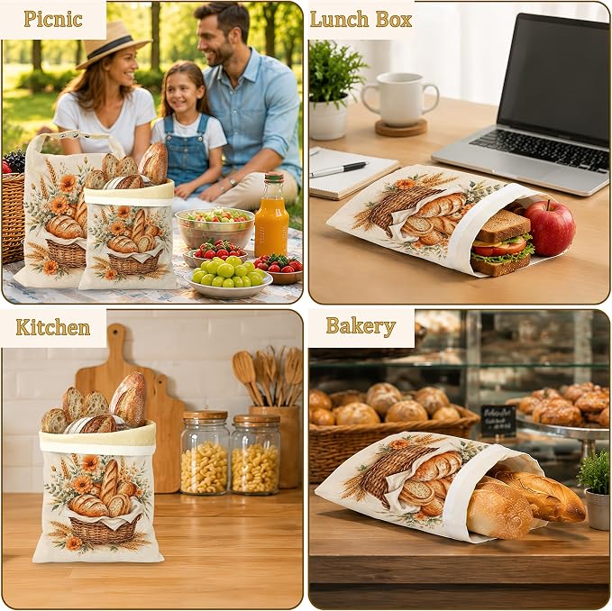 2 Pack Beeswax Basket Floral Bread Bags for Sourdough, Reusable Linen Golden Wheat Bread Bag 17x13'' Food Storage Cloth Bag Freezer-Friendly & Freshness Preservation