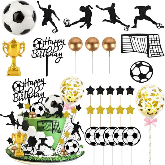 Hooqict 28Pcs Soccer Cake Decorations Set with Mini Balls, Players, Goal, Balloon, Soccer Ball Cake Toppers & Cupcake Toppers for Kids Boys Men Sports Themed Birthday Party Decorations Supplies
