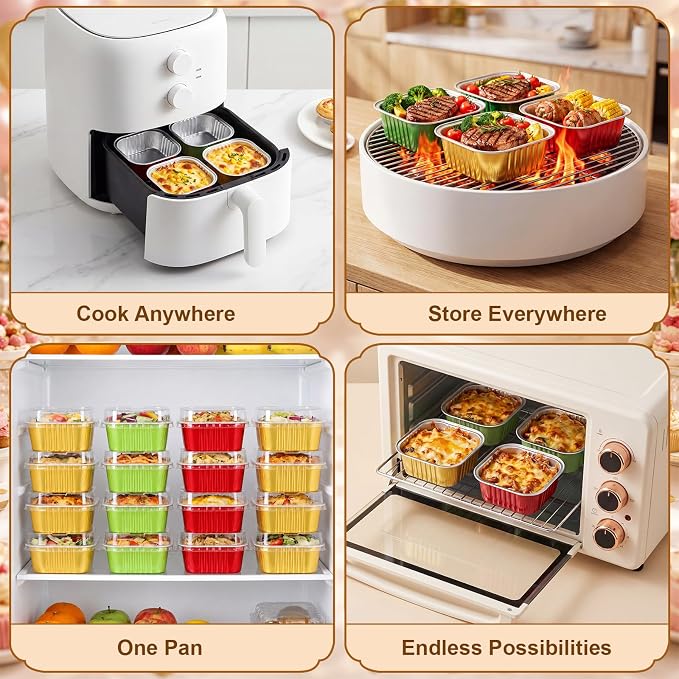 200 Pack Christmas Mini Cake Pans with Lid, 5 oz Red Green Gold Aluminum Foil Mini Baking Tins, Square Disposable Cupcake Baking Cup Dessert Container for Xmas Holiday Party Favor Supplies