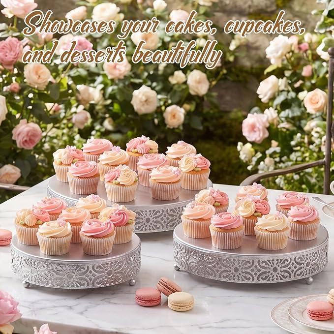 Wenqik 3 Pcs 16'' 14'' 12'' Metal Silver Cake Stand Round Cake Stands for Dessert Table Cookies Fruit Serving Tray Cupcake Dessert Pastry Riser for Wedding Birthday Party and Events