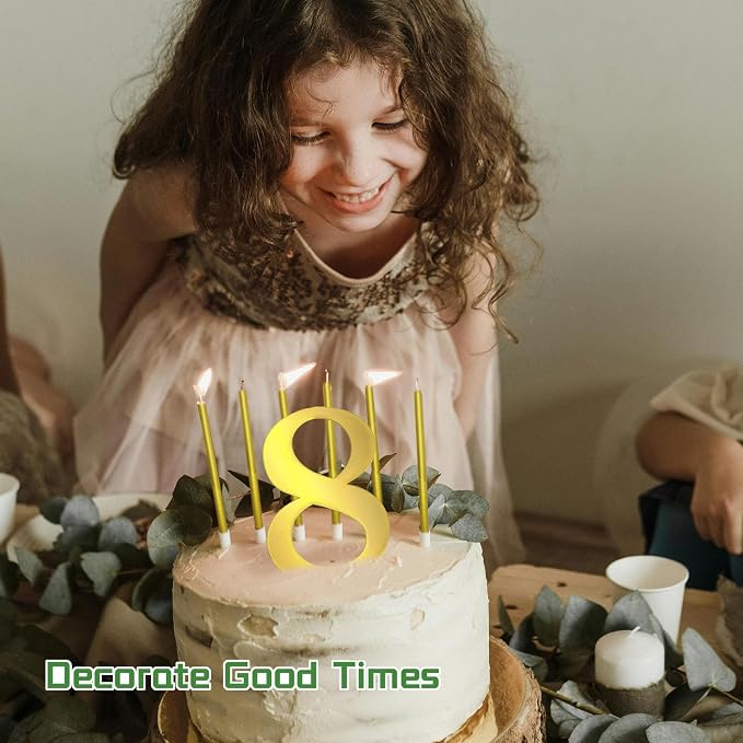3.7IN Gold Acrylic Number 8 Cake Topper with 12 Gold Long Candles - Perfect for 8th Birthday Party Supplies, Ideal for Cake Decoration