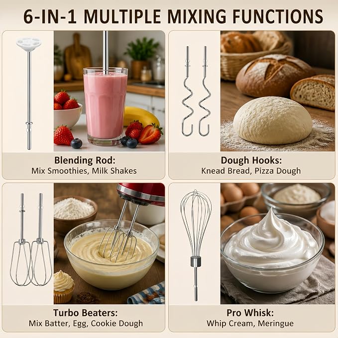 Hand Mixer Beaters Attachments for KitchenAid KHM Series, Stainless Steel Turbo Beater, Pro Whisk, Dough Hooks & Blending Rod Replacement Parts Compatible with KHM512 KHM926 KHM7210 KHM6118 (C (6PC))