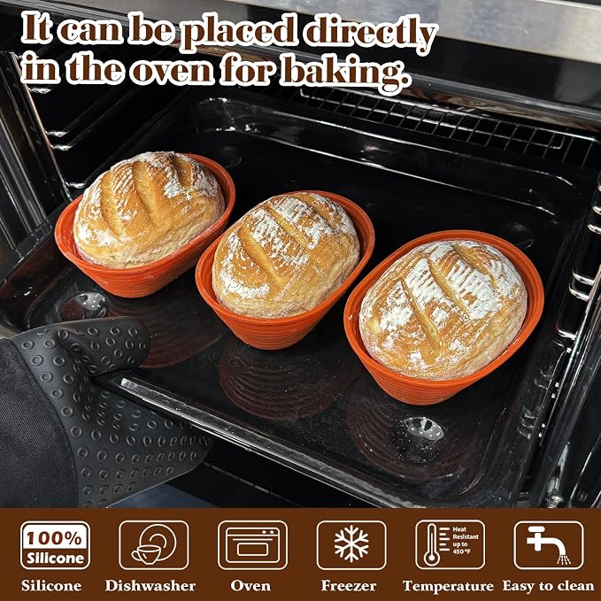 Webake 6 Inch Silicone Oval Small Banneton Basket, Mini Banneton Bread Proofing Basket for Sourdough Bread Soup Bowls, 4Pcs