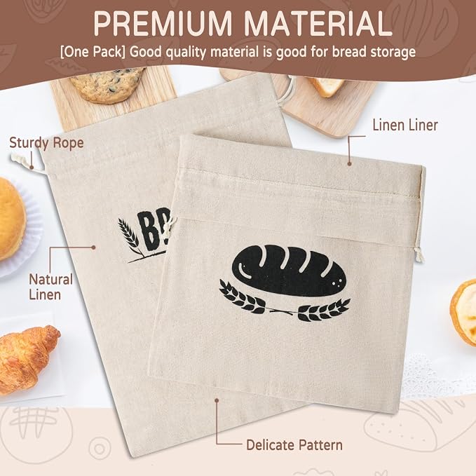 Bread Bags for Homemade Bread, Line Produce Bread Bag Storage, Drawstring Reusable Sourdough Bread Bags for Toast, Loaf,Sandwich Fresh (Linen Lined)