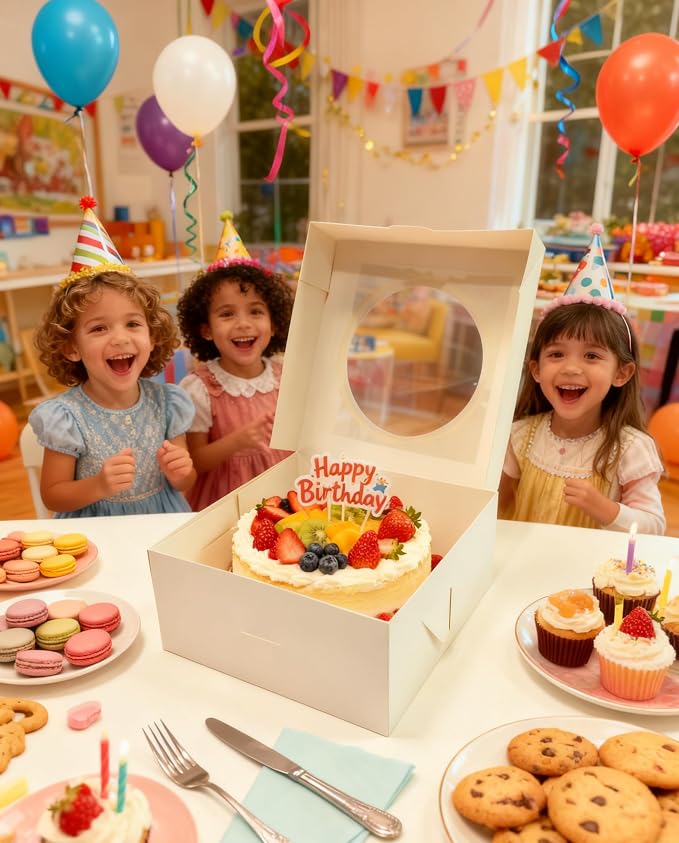 25 Pack Cake Boxes 10x10x5 Inches Cake Box with Windows, White Square Bakery Boxes, Cake Container with Stickers for Cake, Cookies, Pie, Cupcakes-Birthday, Party, Wedding by GBF