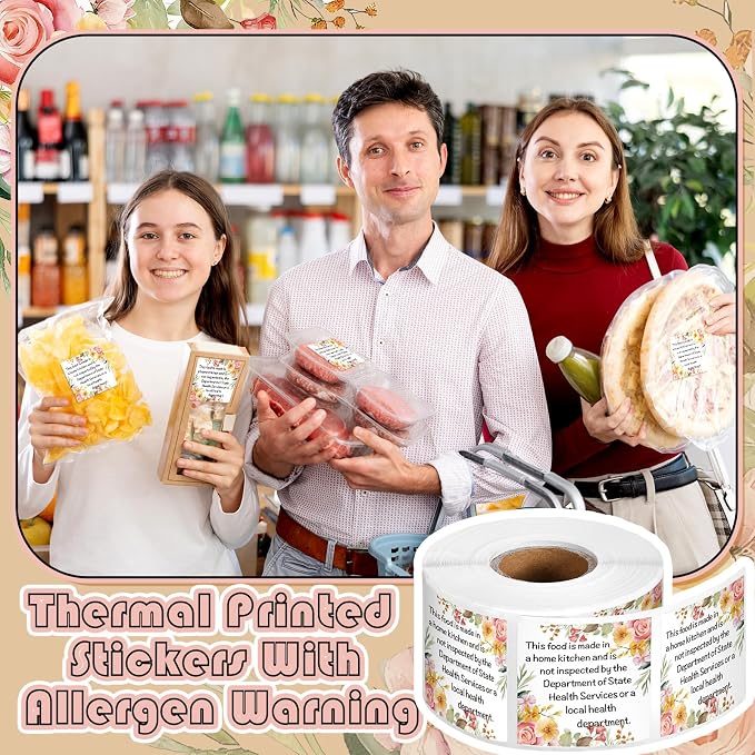 500 Count Cottage Food Law Labels Stickers Floral Printed Home Made Stickers 1.5” Square Thermal Printed Labels for Home Kitchen Bakery Bread Sourdough